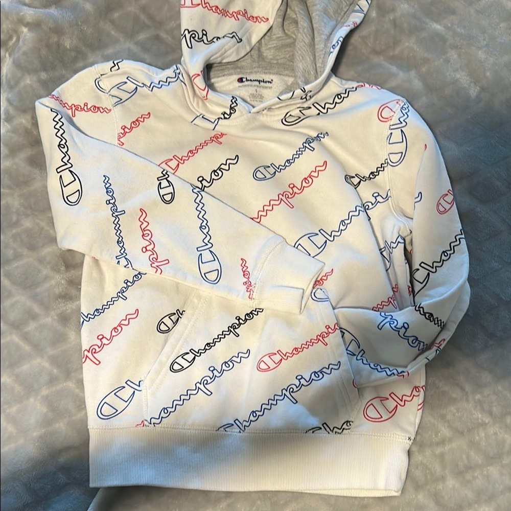 Champion Hoodie with Red, Blue, and Black Logo Pattern